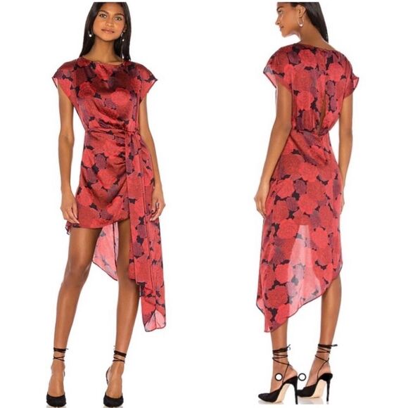 L'Academie Dresses & Skirts - L’Academie Elaina midi dress red Peony rose print draped mini NWT $188 Revolve L